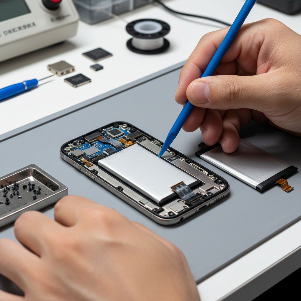 Battery replacement being performed on a smartphone with professional tools, mobile repair service