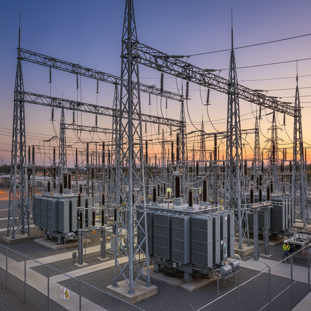 Electric power grid infrastructure at sunset in South Africa