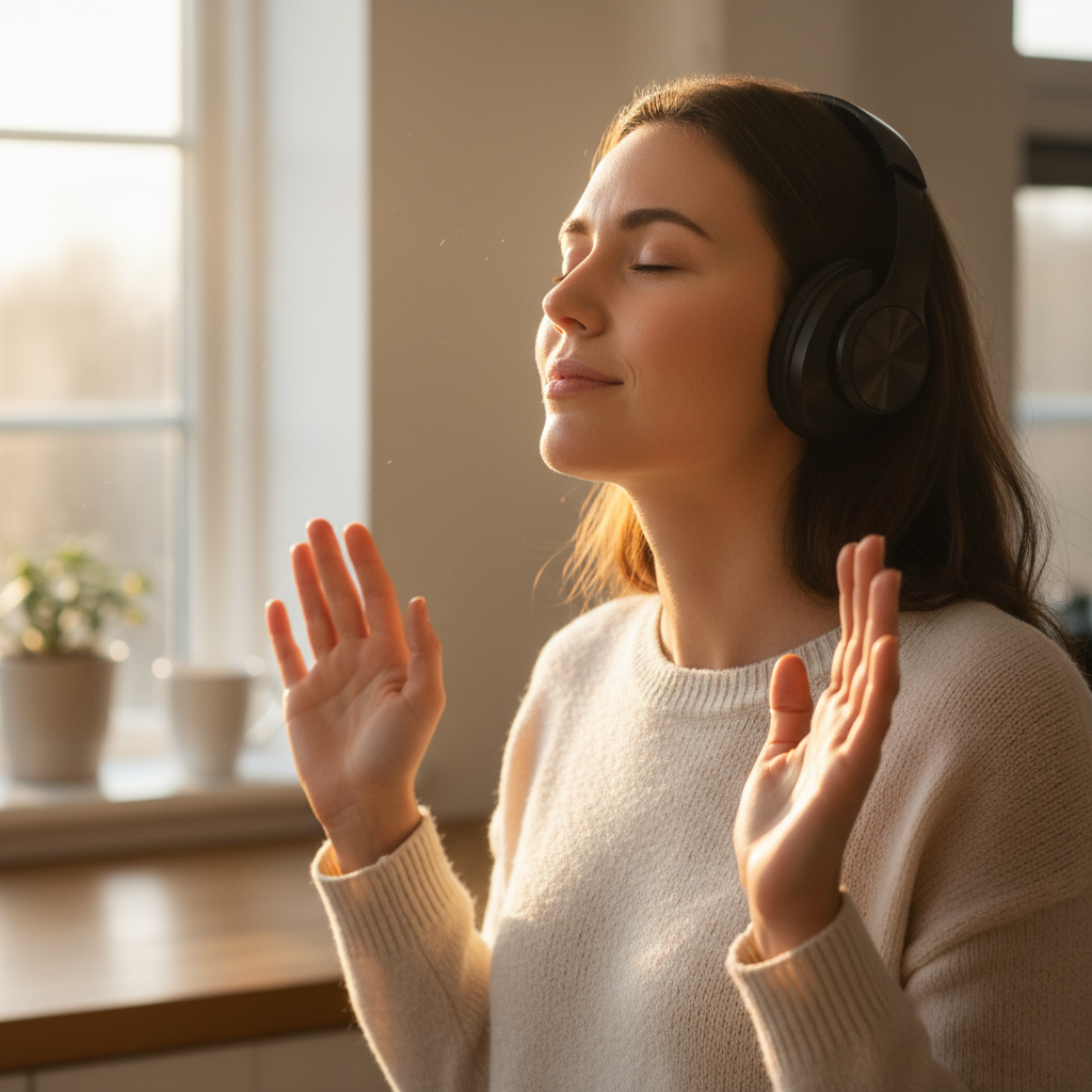 Woman with headphones worshipping at her kitchen counter, morning light streaming in