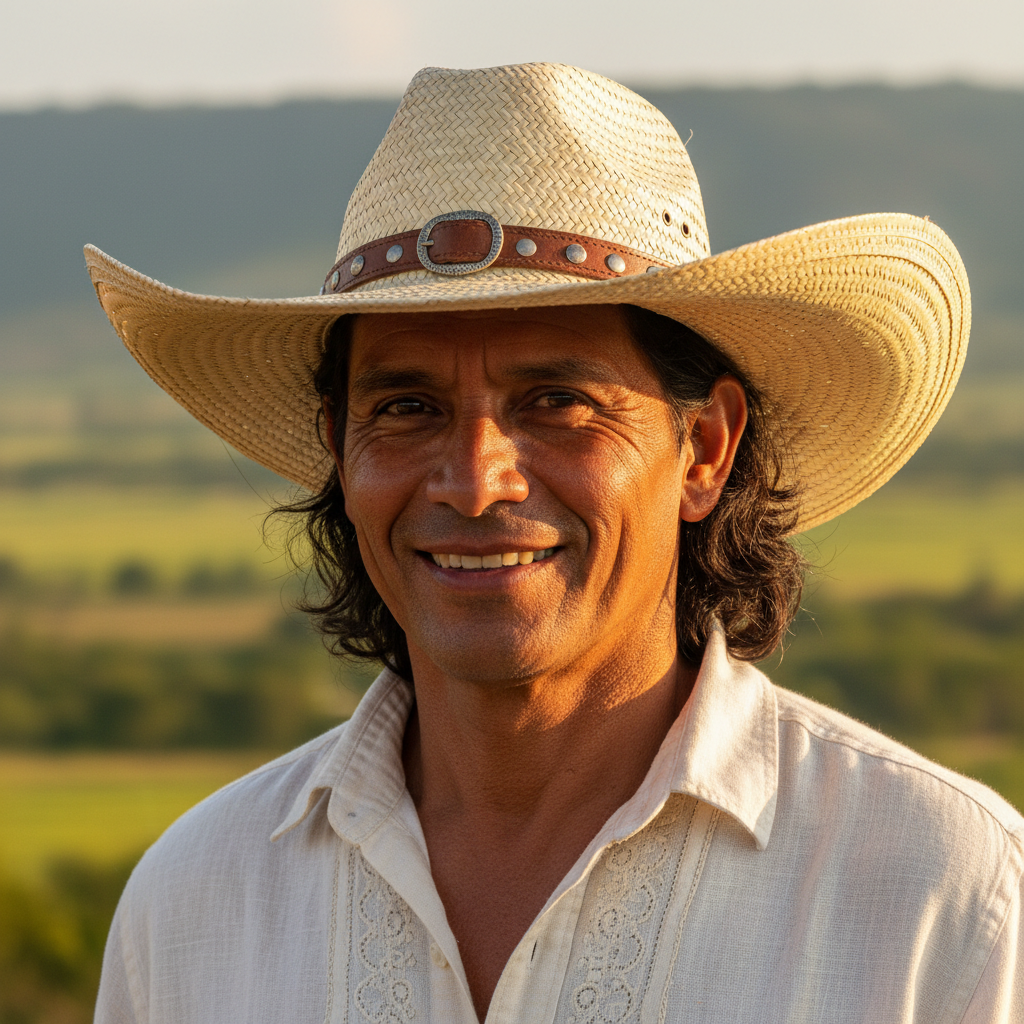 Colombian cattle rancher man, middle-aged, wearing a traditional hat, outdoors on a ranch