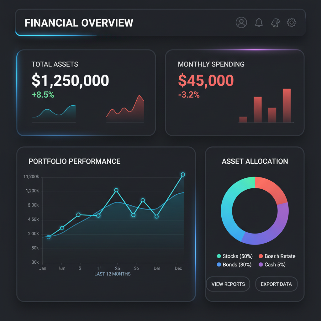 Finance dashboard UI design with dark theme, charts and data visualization on laptop screen