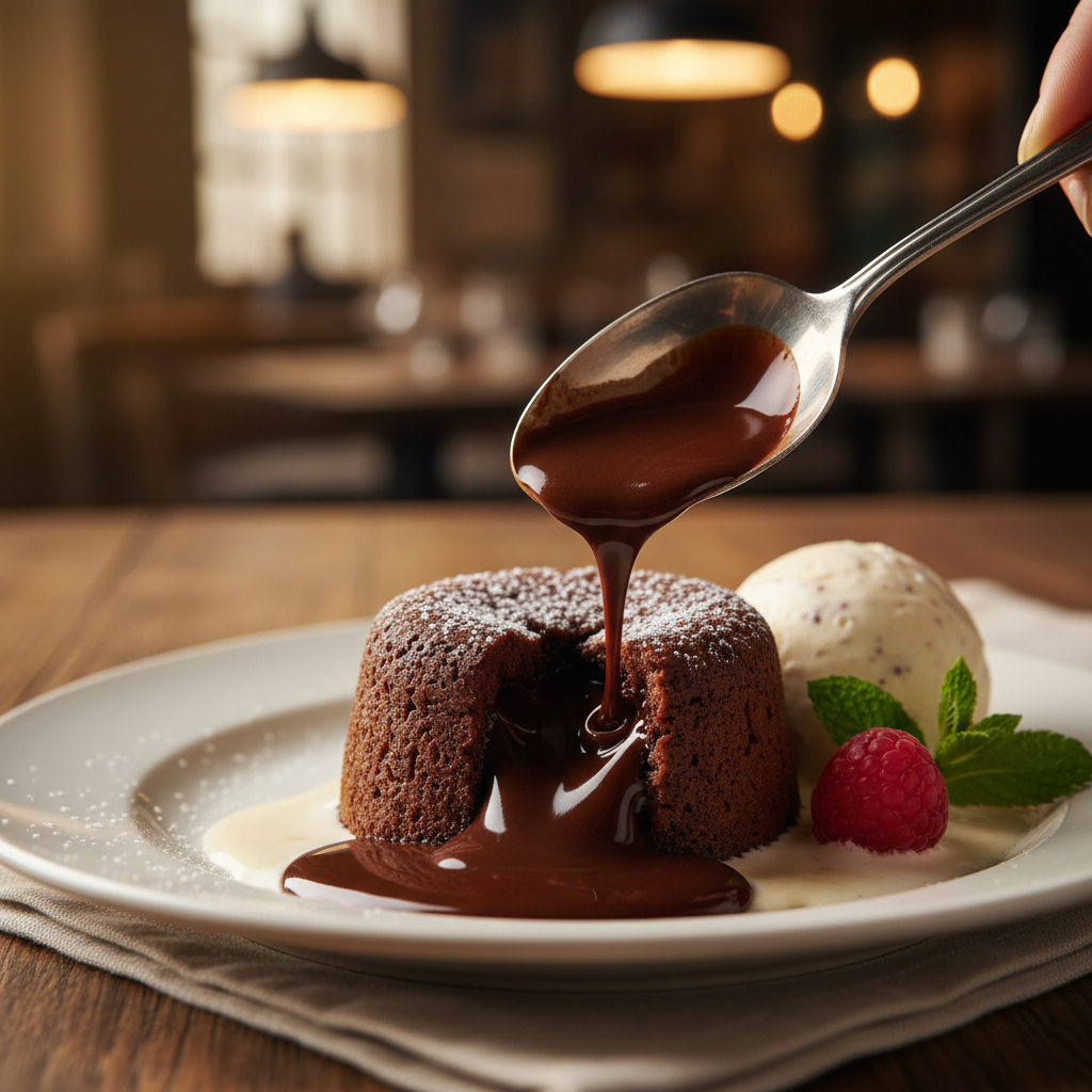 Warm chocolate fondant with molten centre on white plate, steam rising in candlelight