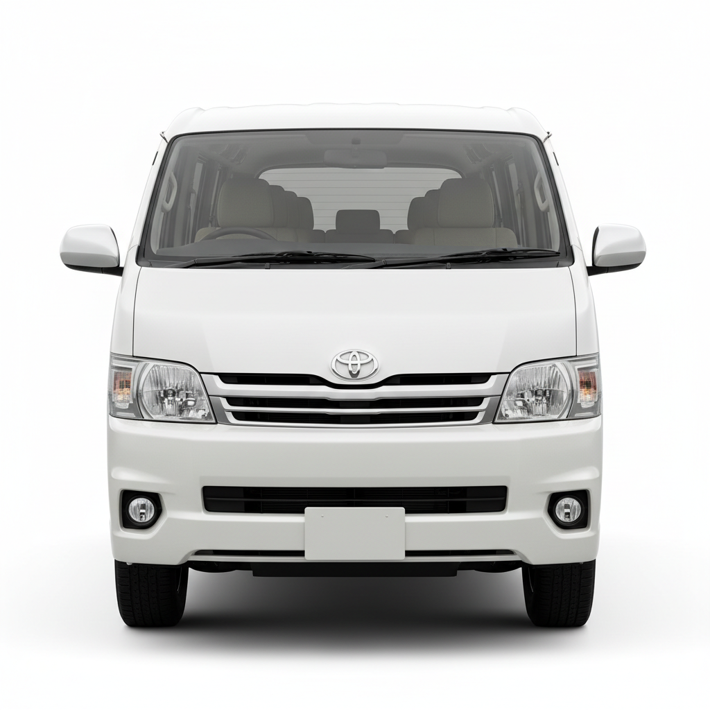Toyota HiAce putih premium untuk perjalanan grup kecil dengan kapasitas 8 hingga 13 penumpang
