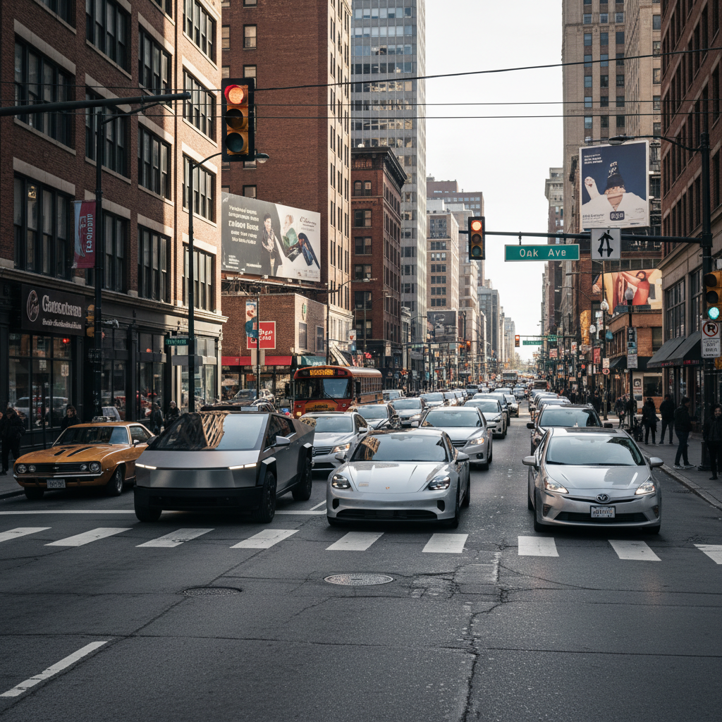 Row of gasoline and electric vehicles at a busy urban intersection, representing the global shift in fuel consumption patterns