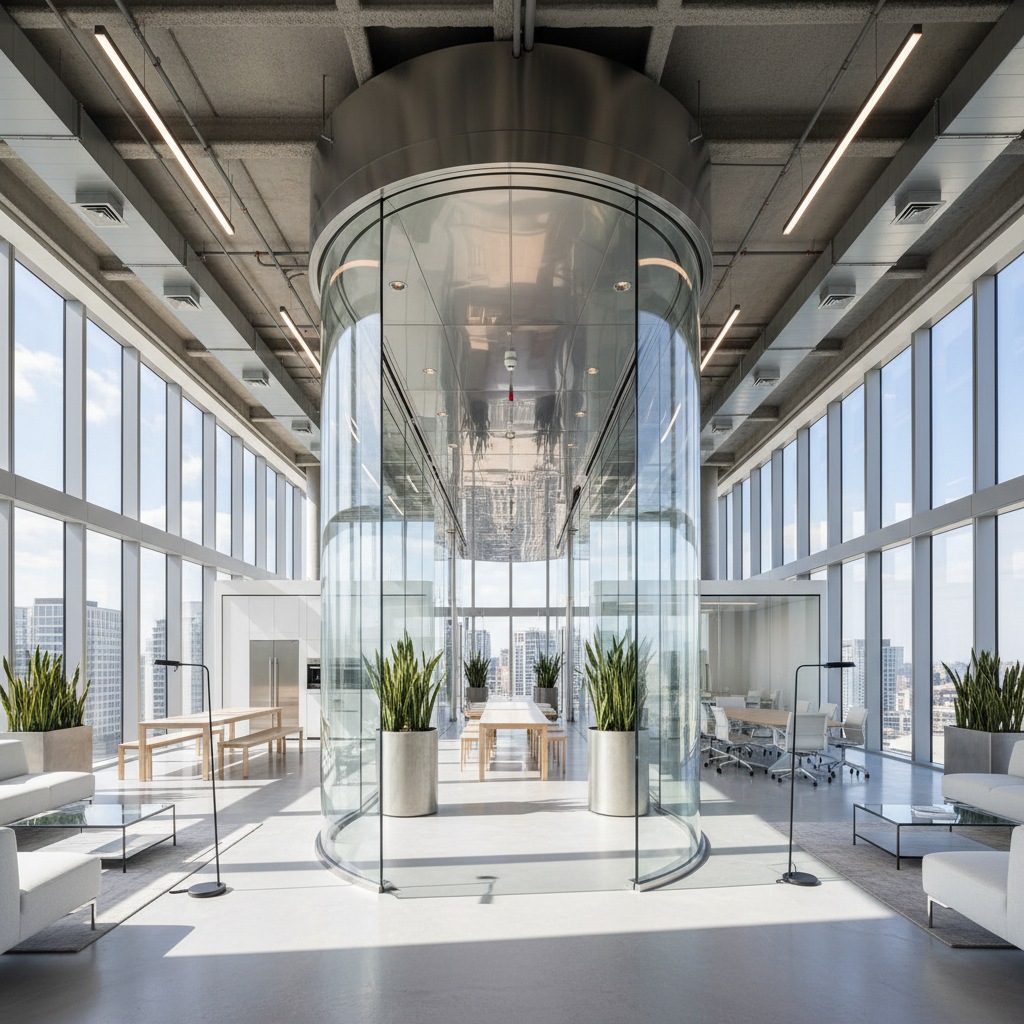 Open-plan floor across two towers connected by a glass bridge