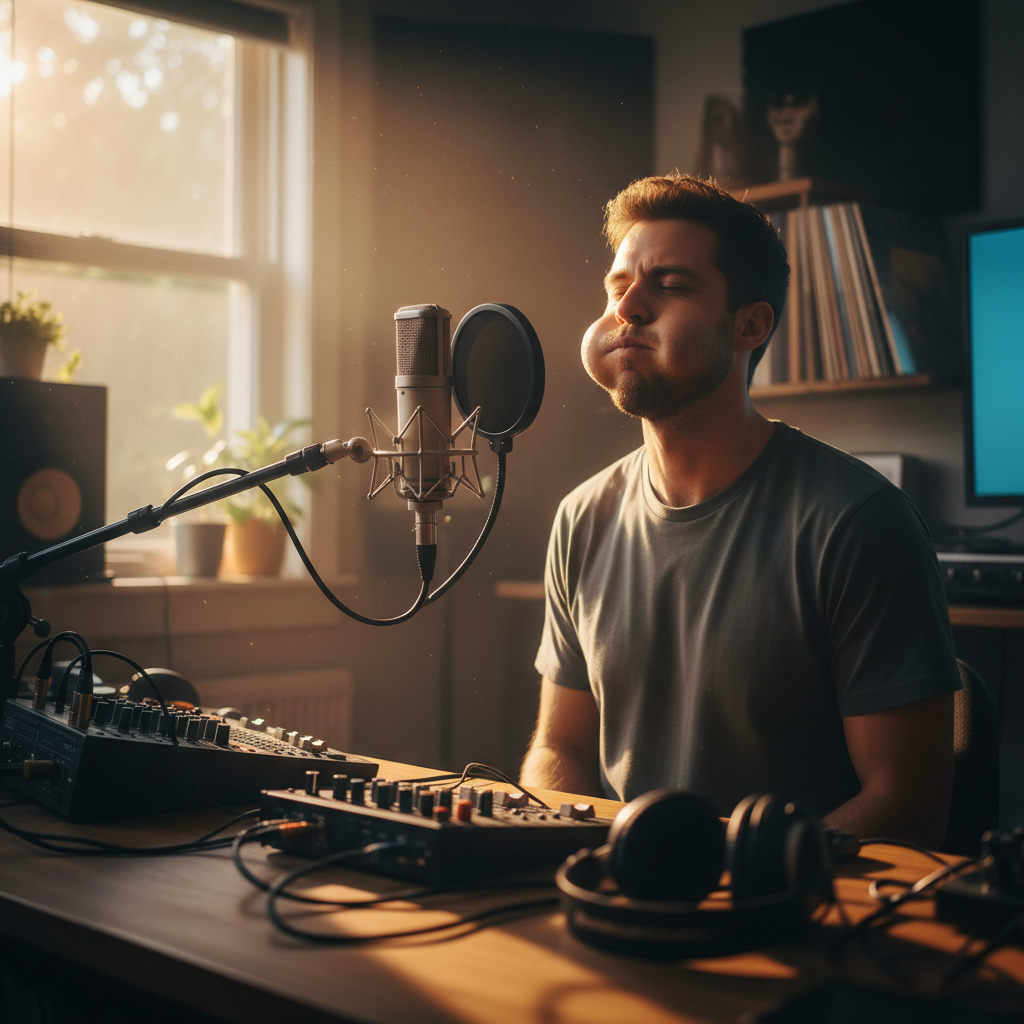 Beatboxer mid-session in sunlit home studio, cheeks full, eyes closed, fingers adjusting a loop pedal surrounded by microphones and gear