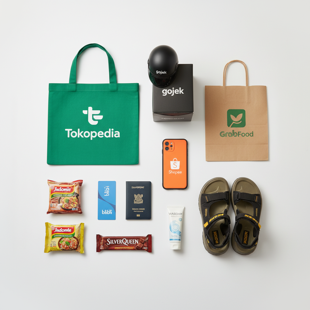 Online shopping concept with smartphone, shopping bags and everyday consumer products on dark background