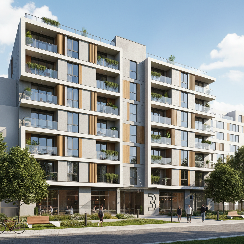 Modern Indian apartment building exterior, bright morning, suburban residential area, clean surroundings