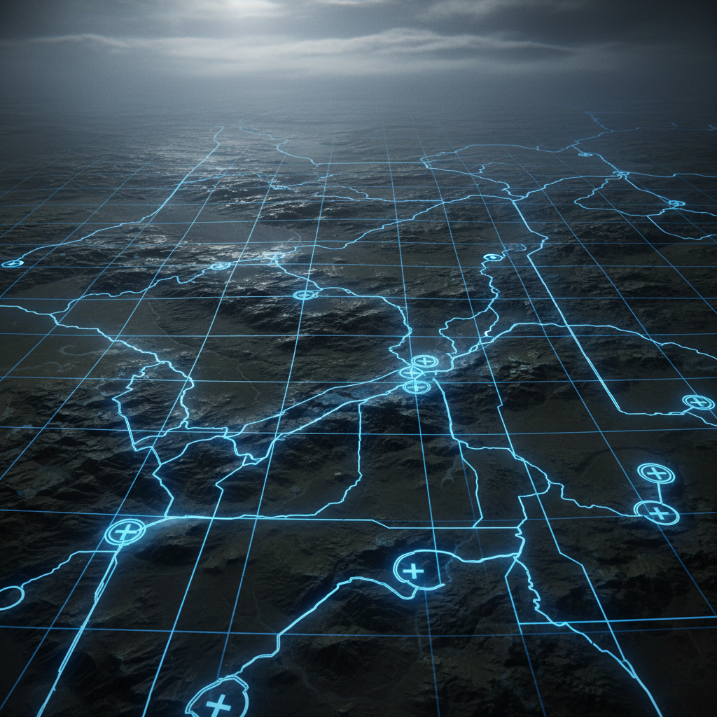 Aerial view of terrain with technical overlay data, dark atmospheric landscape with geometric grid patterns, deep shadows