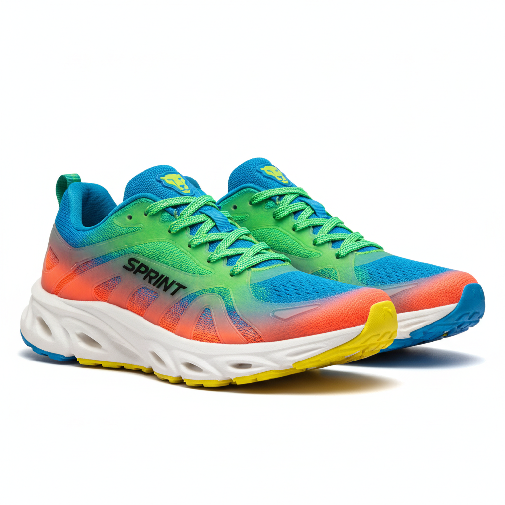 White and teal running shoes on bright airy background