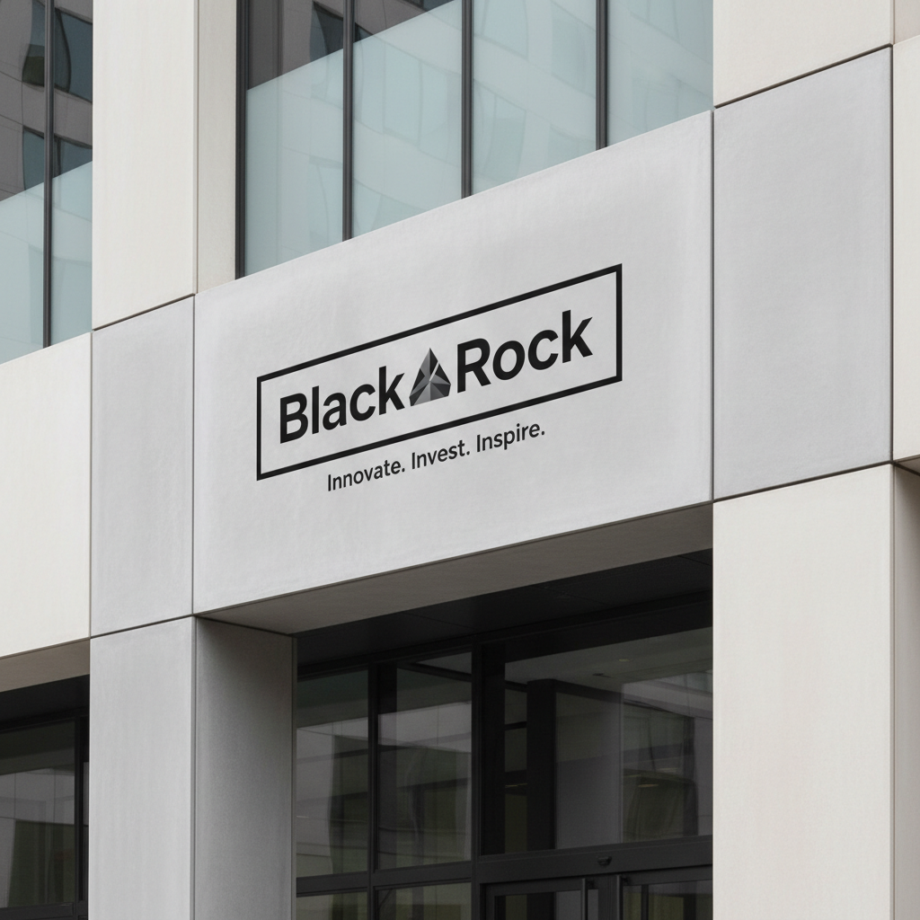 BlackRock headquarters building in New York City with Bitcoin price chart overlay showing institutional investment growth