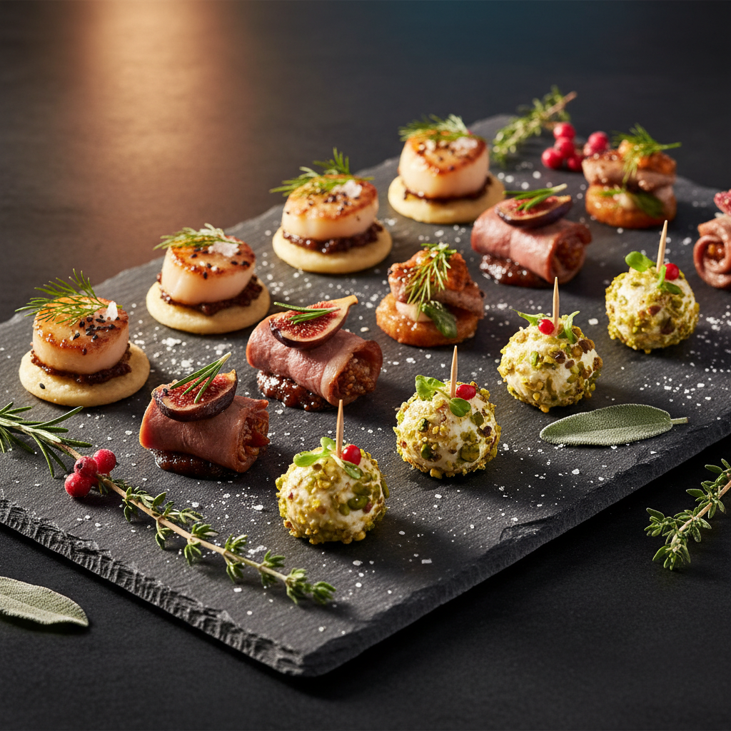 Artisan appetizer display with garnished canapes on dark slate serving board