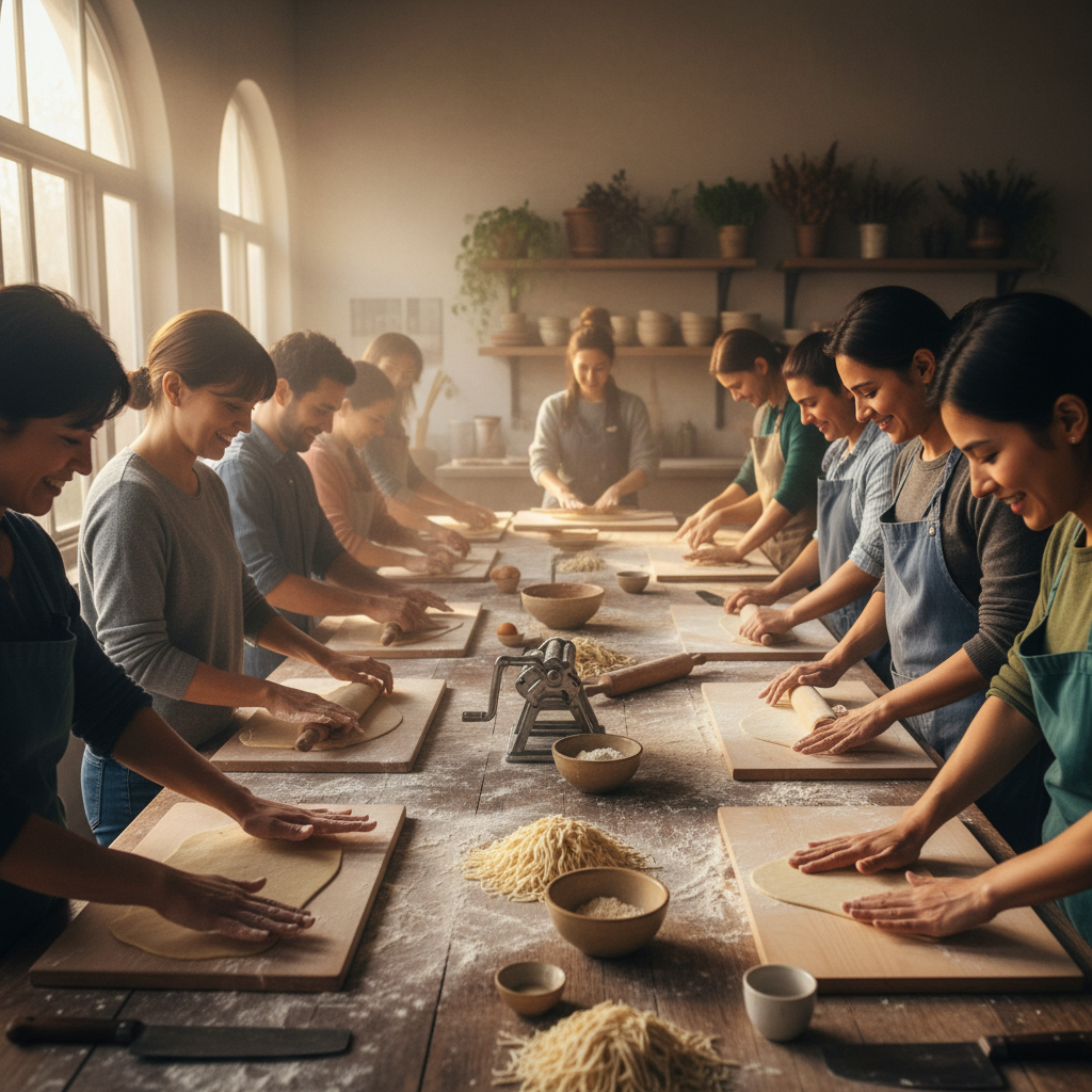 Guests at a noodle-making workshop, hands covered in flour, rolling and cutting dough at a communal wooden table with morning light
