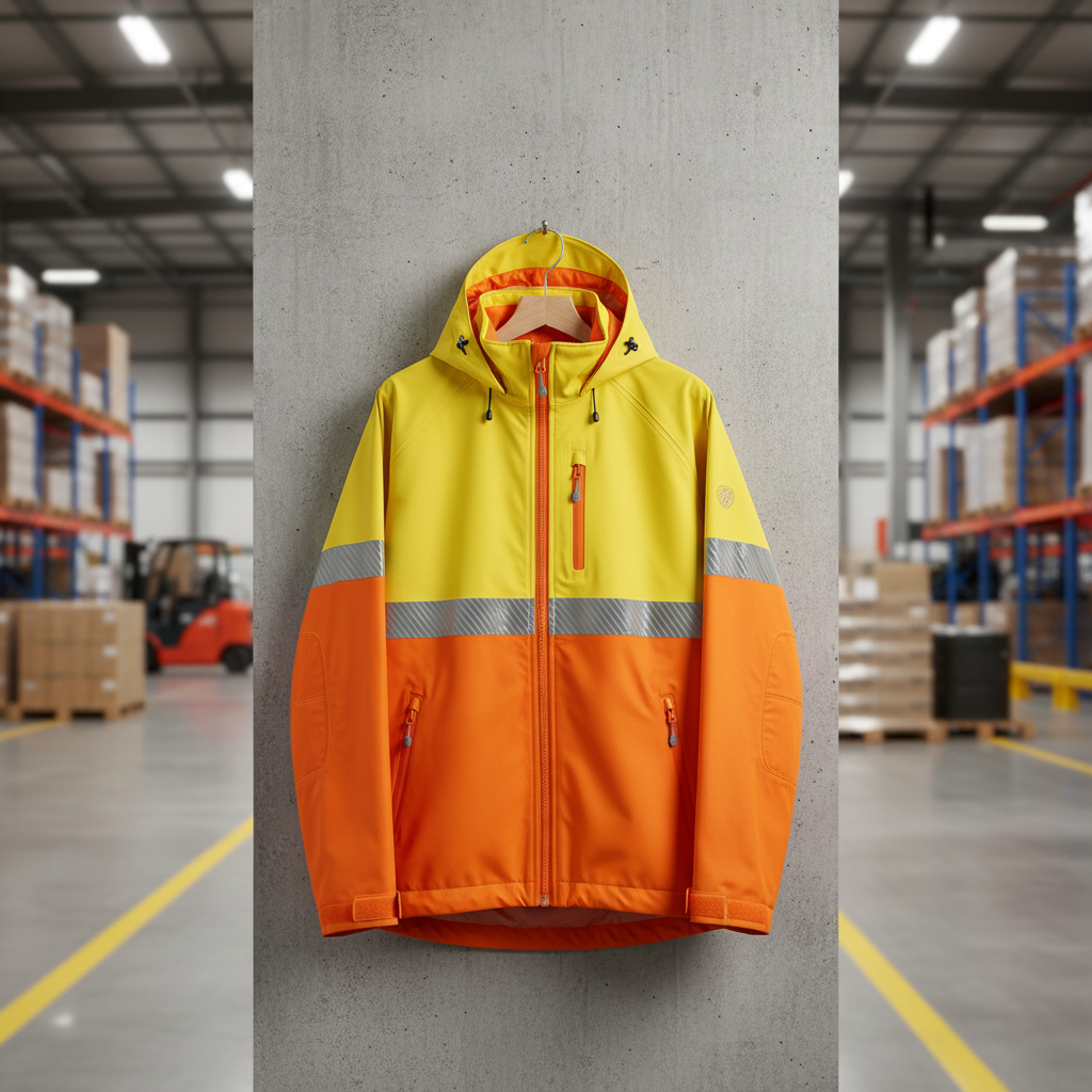 Bright yellow and orange waterproof jacket hanging against a concrete wall in a distribution center