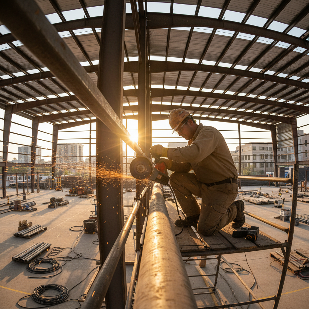 Fire protection technician threading grooved pipe inside a steel-framed gymnasium under construction, golden-hour light, sparks from cut-off wheel