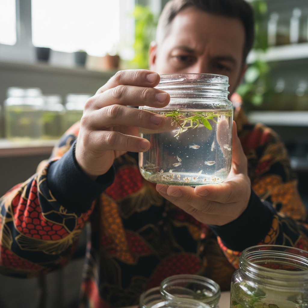 Betta breeder holding spawn container in geometric koi hoodie