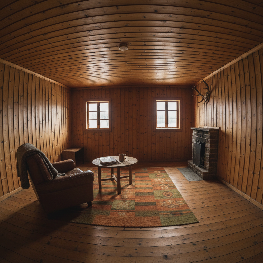 Original 1970s Geilo mountain cabin with outdated pine panelling, low ceilings, and small windows, dim interior