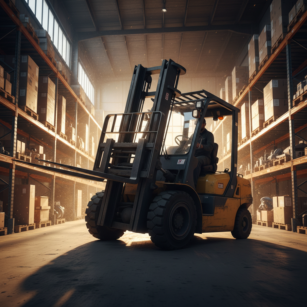 Forklift mid-pivot in golden hour warehouse light, motion blur on tines