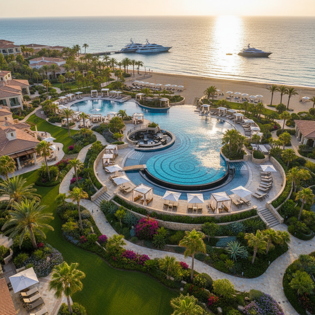 Aerial view of The Meridian Cove Resort pool area and coastal gardens at golden hour