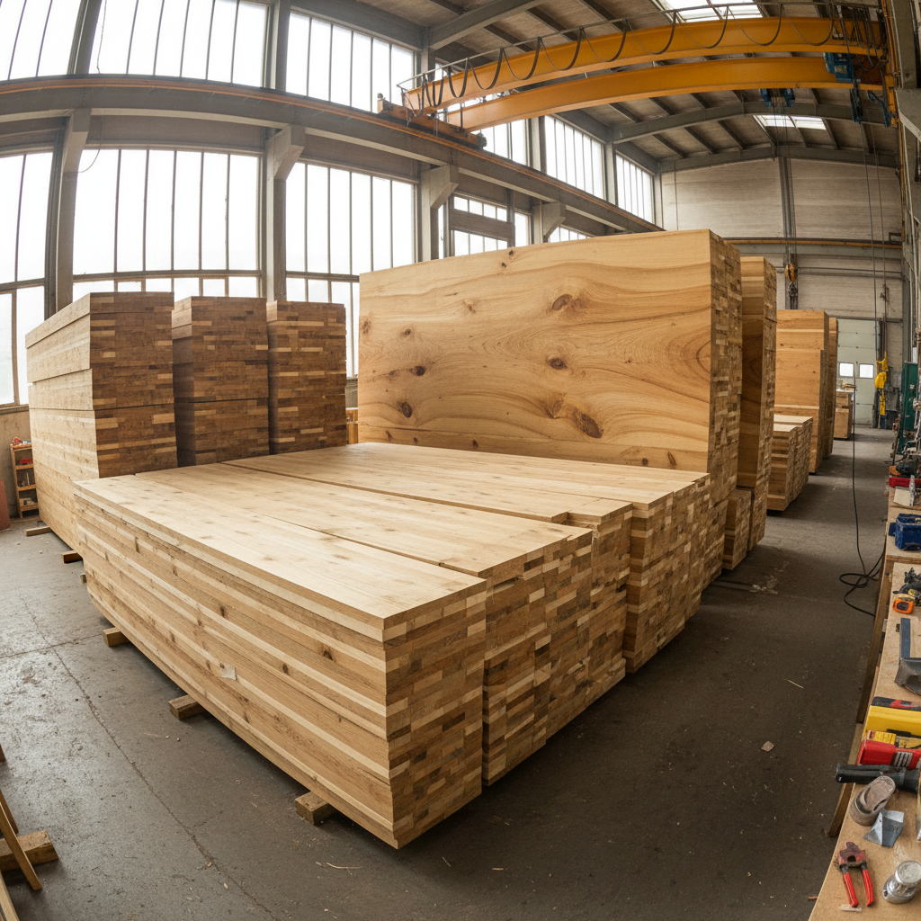 Stacked plywood sheets showing cross-section grain, organized in a warehouse