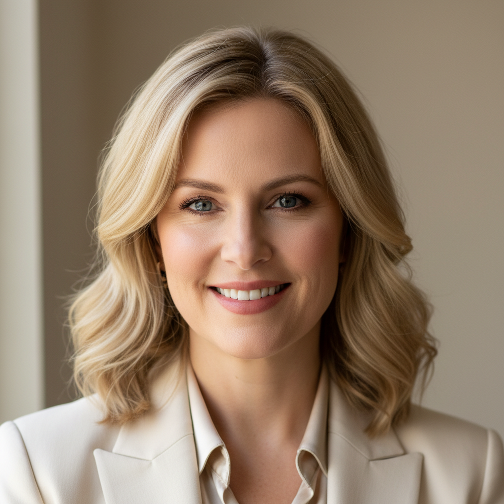 Professional woman with blonde hair in white medical coat smiling in modern healthcare facility