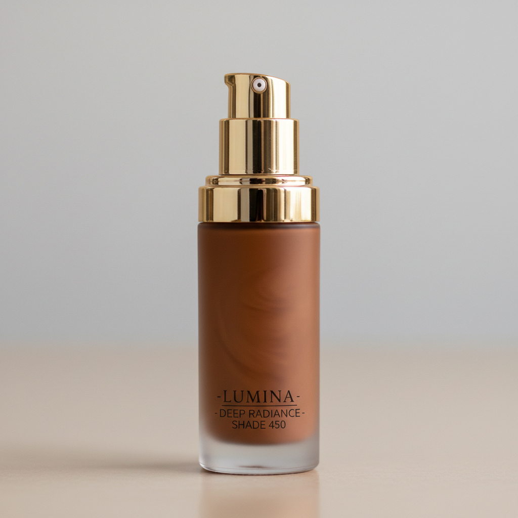 Luxury foundation bottle with warm gold cap on dark velvety surface with soft studio lighting