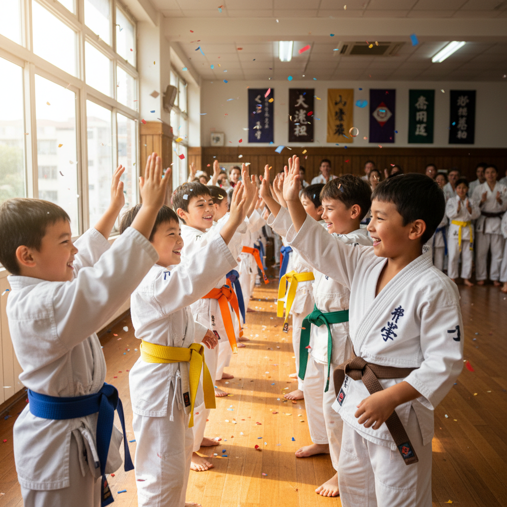 Belt grading ceremony with students receiving new belts from sensei