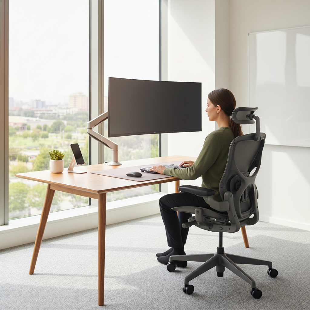 Rachel Torres, Operations Manager at Meridian Group, seated at ergonomically adjusted workstation with monitor at eye level