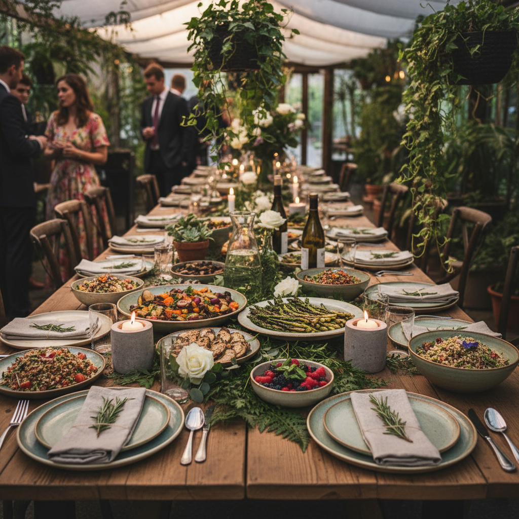 Intimate wedding table with hand-thrown ceramic plates and artful plant-based feast