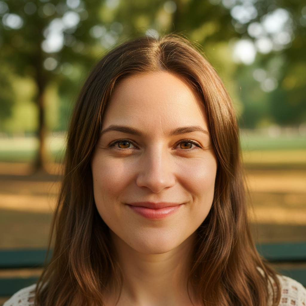 Headshot of a smiling woman with dark hair in a bright outdoor setting