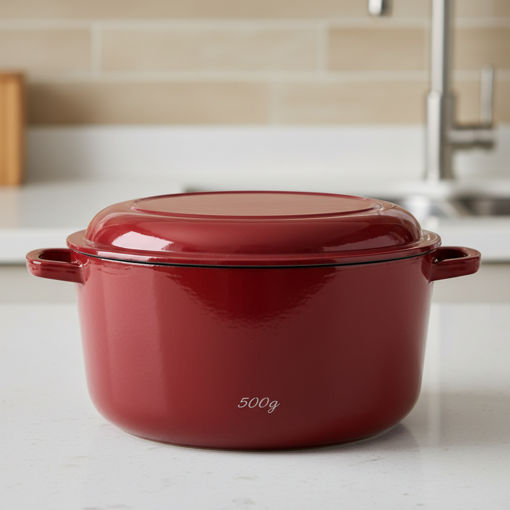 Red Le Creuset cast iron cocotte on kitchen counter, bright natural light, elegant