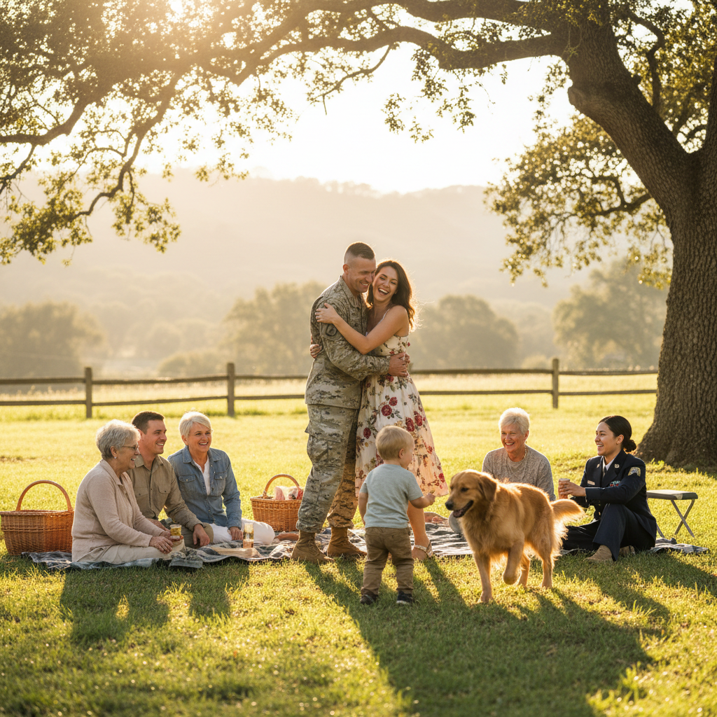 Military family gathering outdoors in golden afternoon light, dim atmospheric background, deep warm shadows