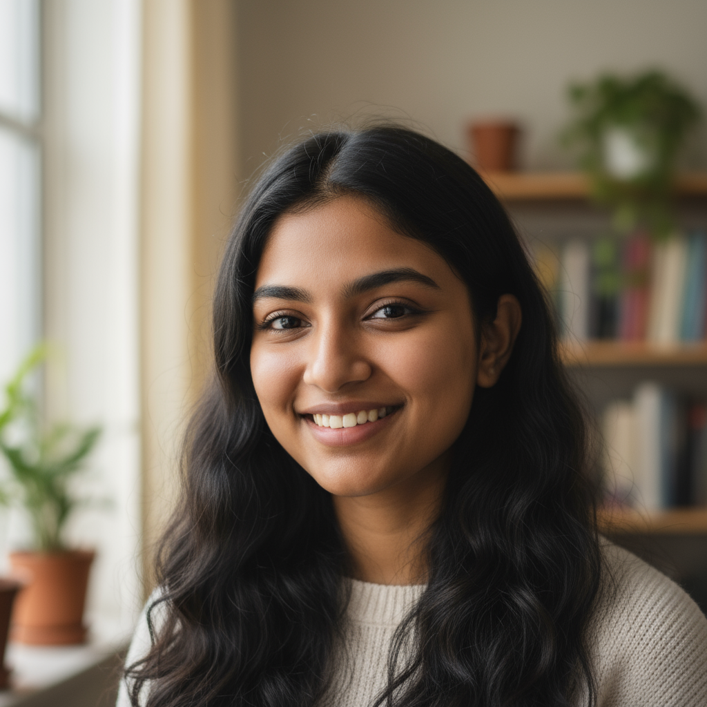 Young Indian female student holding books, smiling, college corridor with warm lighting