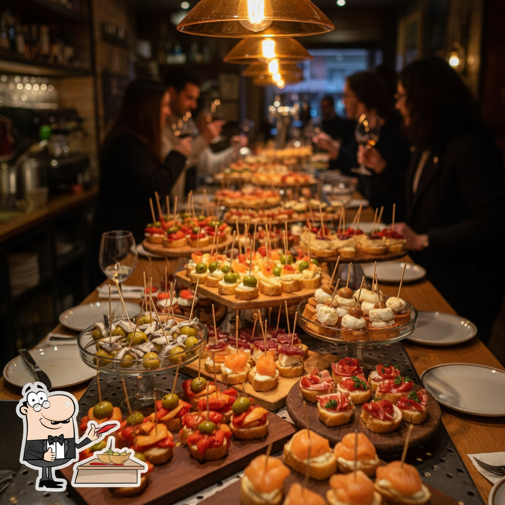 Colourful pintxos spread on bar counter in traditional Basque tavern with warm amber lighting