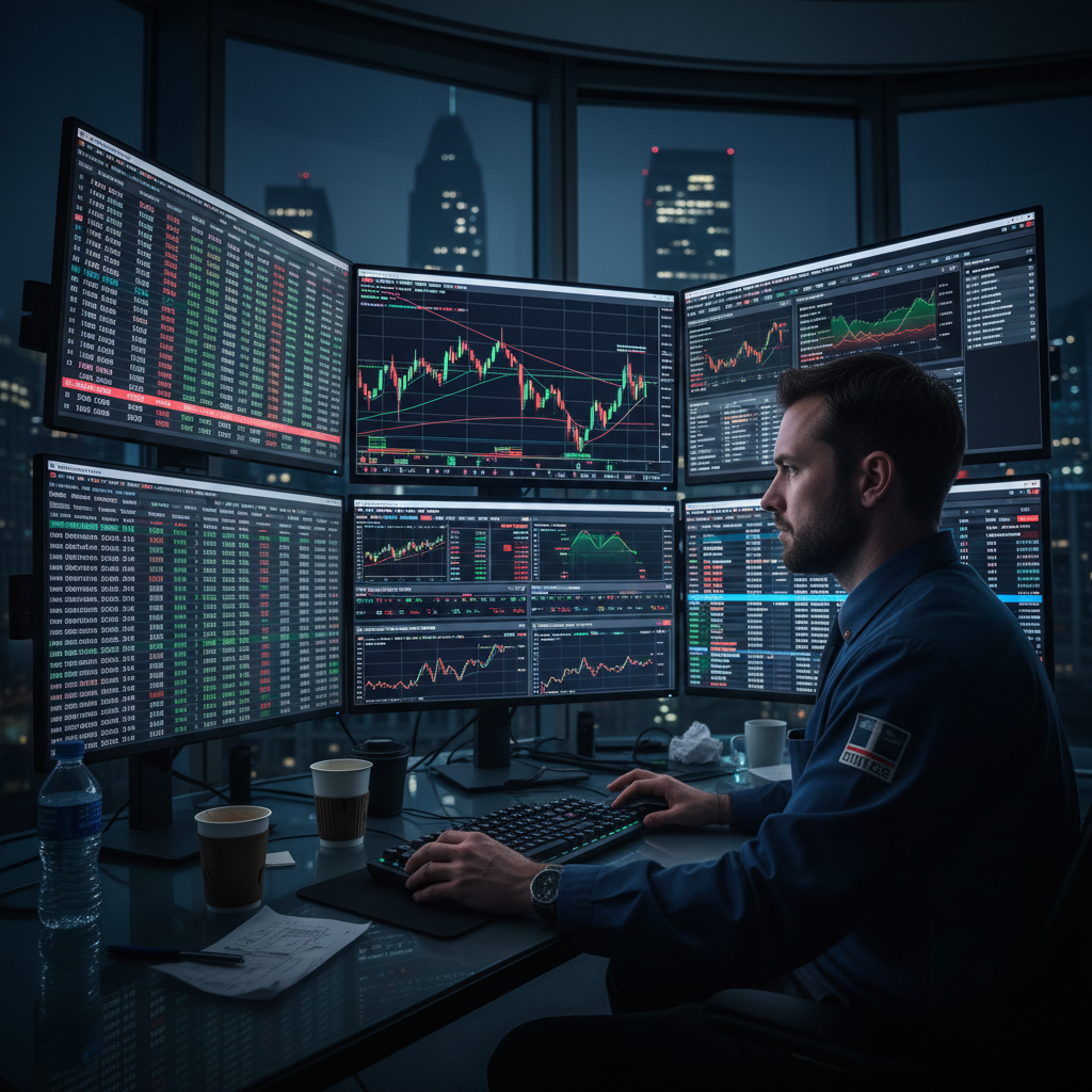 Stock market exchange ticker board with financial data, dark atmospheric trading floor, low key industrial lighting