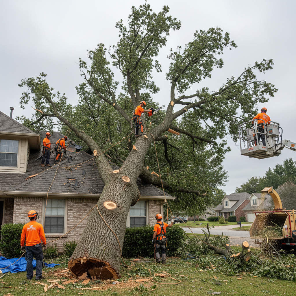 Emergency tree removal crew responding to storm damage at commercial property