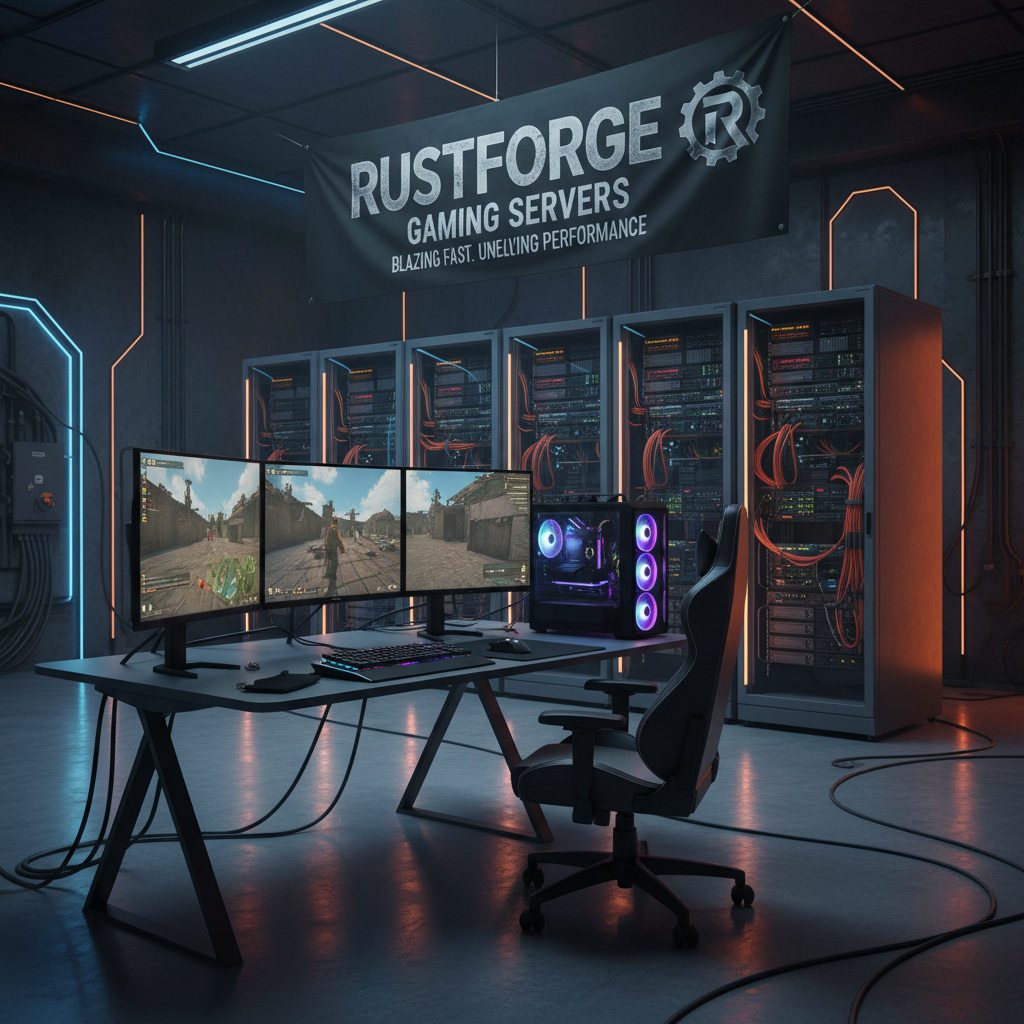 Dark gaming setup with neon red monitors in a cinematic low-light room environment