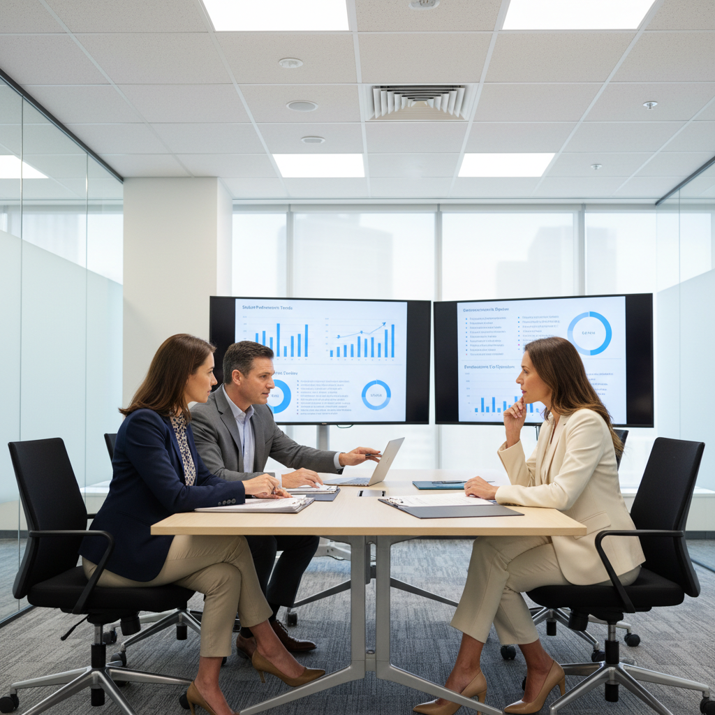 Business professionals reviewing software solutions on a laptop in a modern office setting