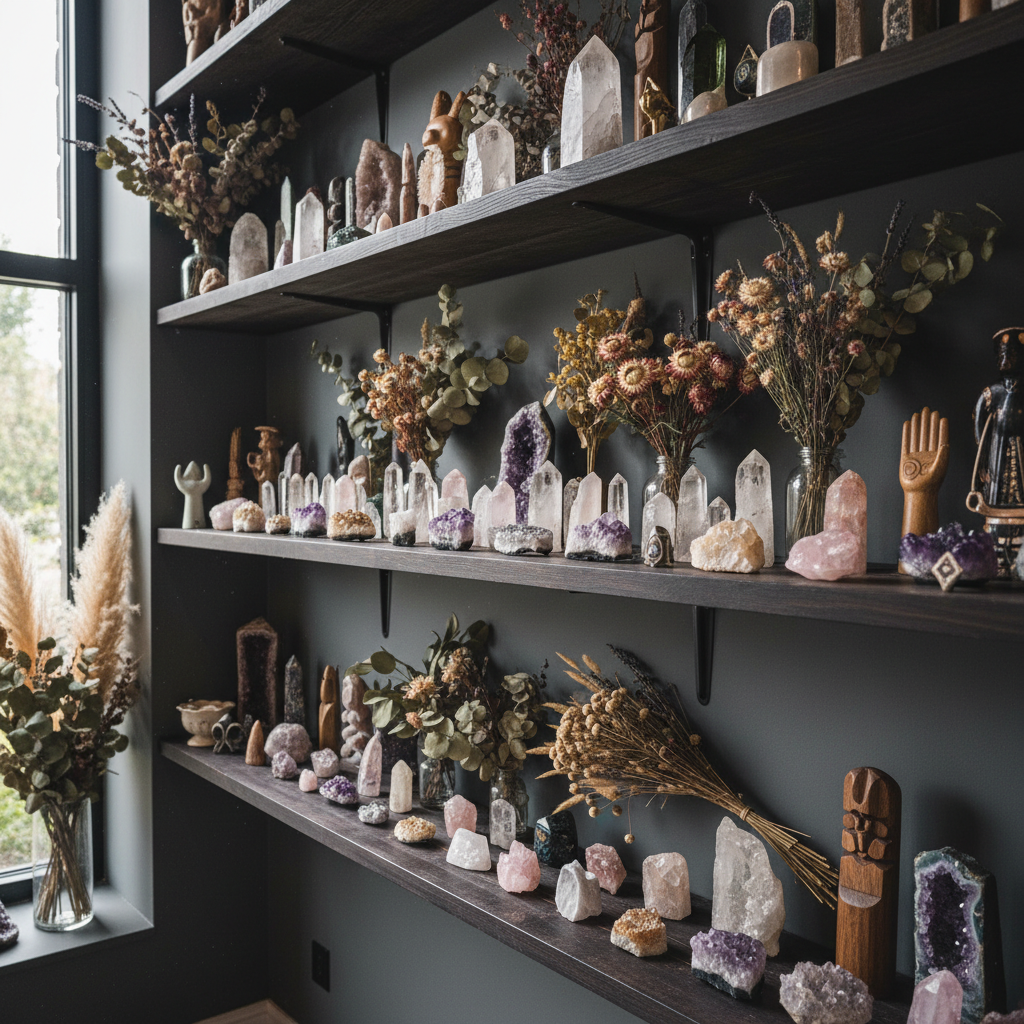 Dark shelves arranged with crystals, dried flowers, and small sculptural objects