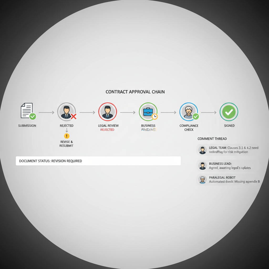 Contract review workflow showing approval chain with reviewer avatars, status indicators, and comment thread
