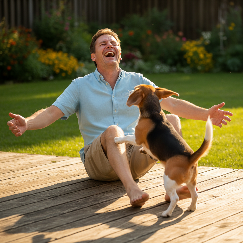 Jordan Whitfield laughing on a backyard deck with a beagle jumping up at his knees