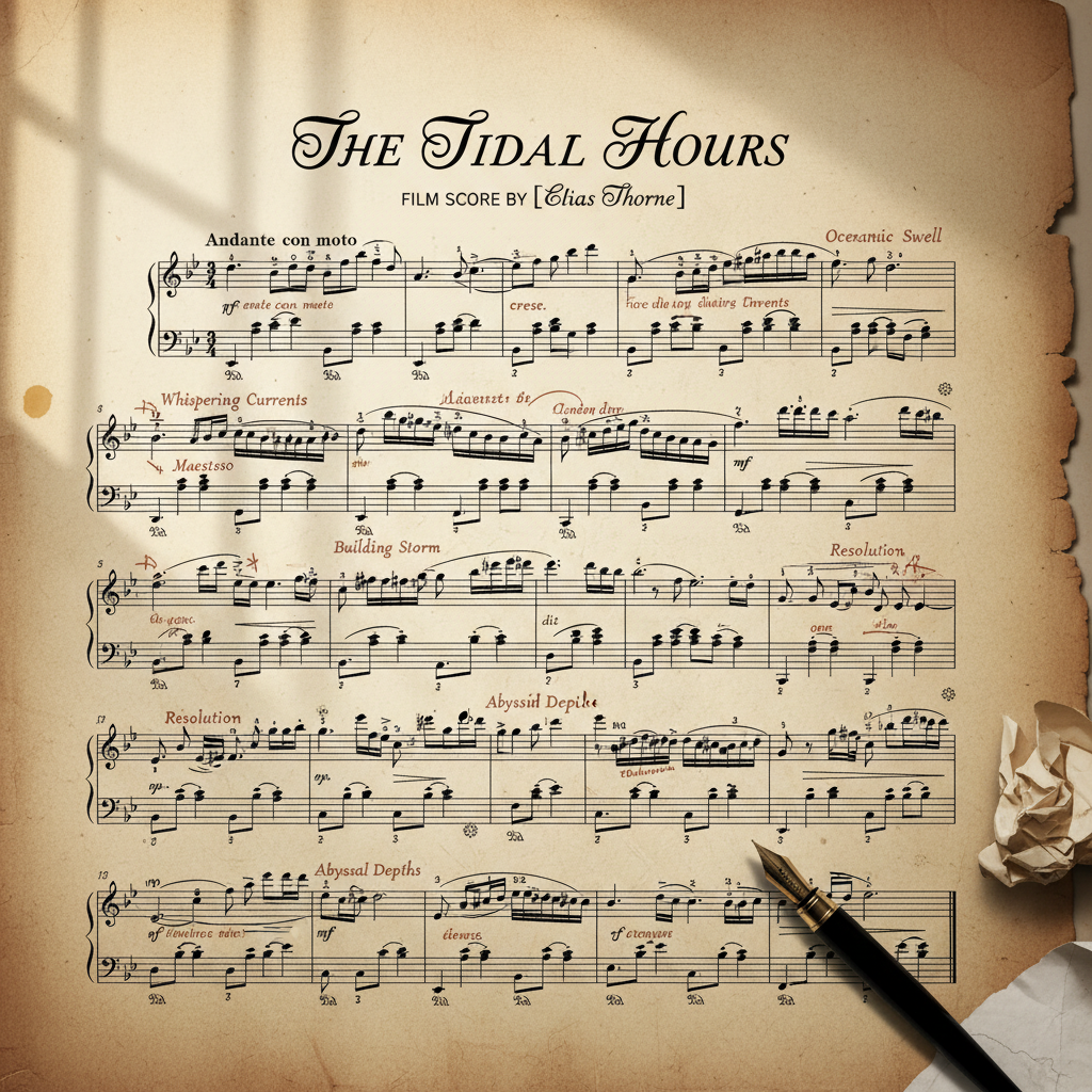 Sheet music manuscript with handwritten annotations — film score for The Tidal Hours
