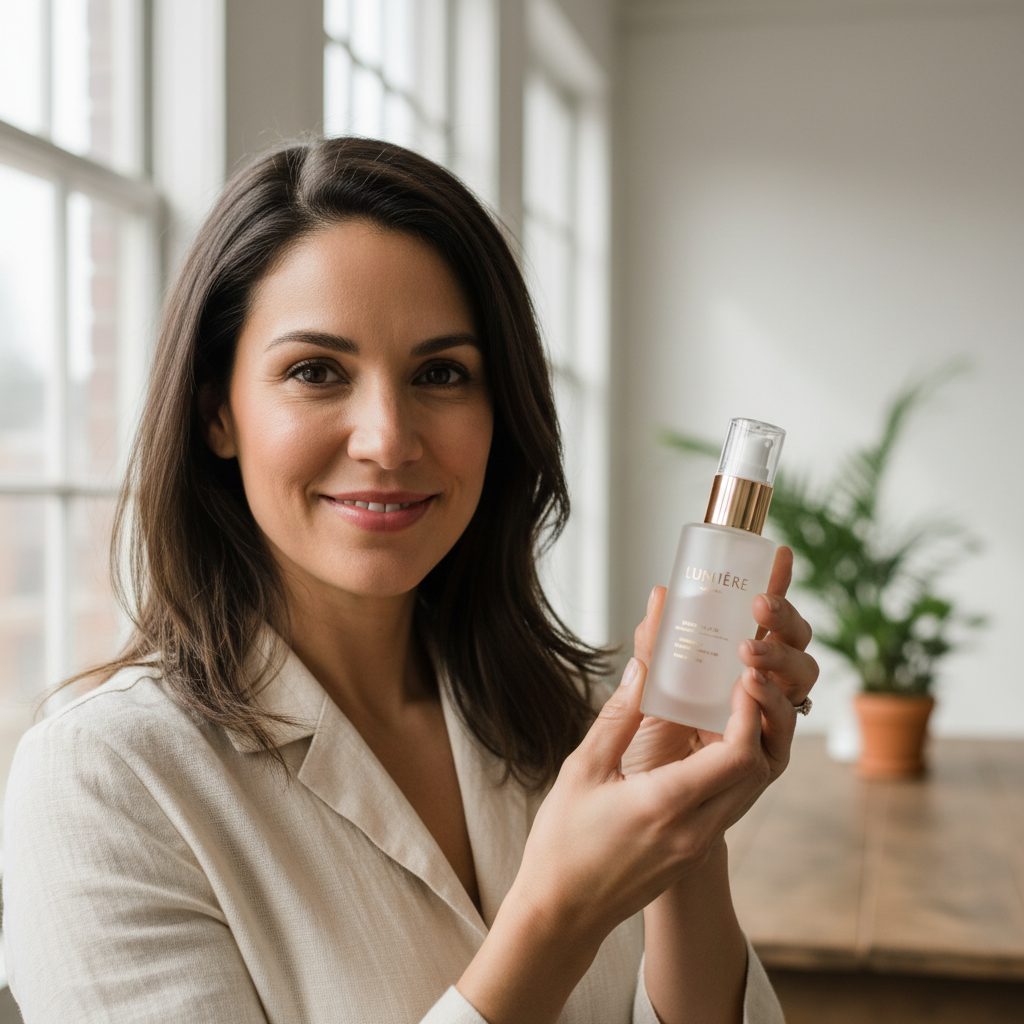 Founder of CM Hair & Skin in bright studio surrounded by natural ingredient bottles