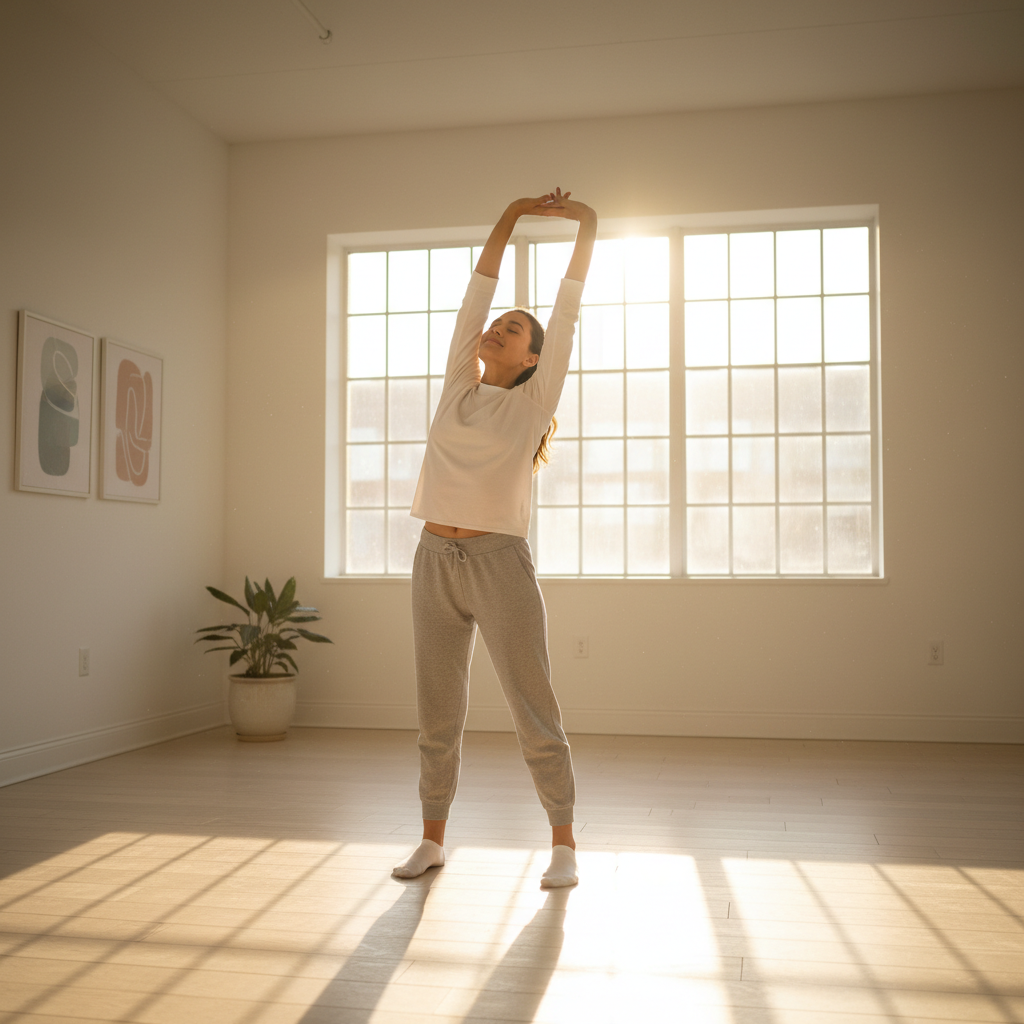 Person standing and stretching in bright sunlit room, arms raised, open window, energetic morning atmosphere