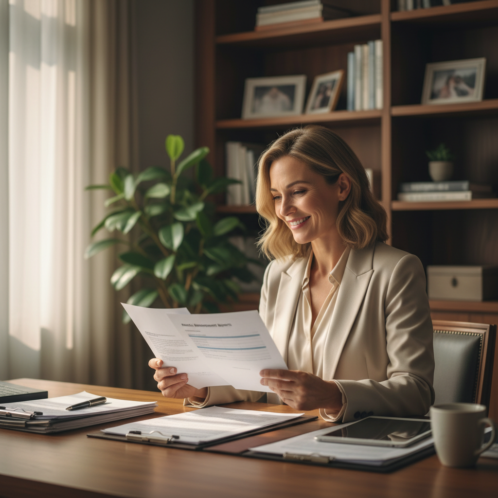 Smiling professional woman in business casual reviewing documents at modern office desk