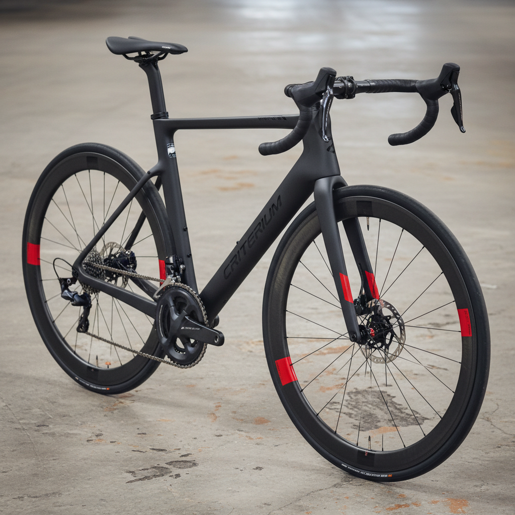 Complete criterium race bicycle build in matte black carbon with red accent components