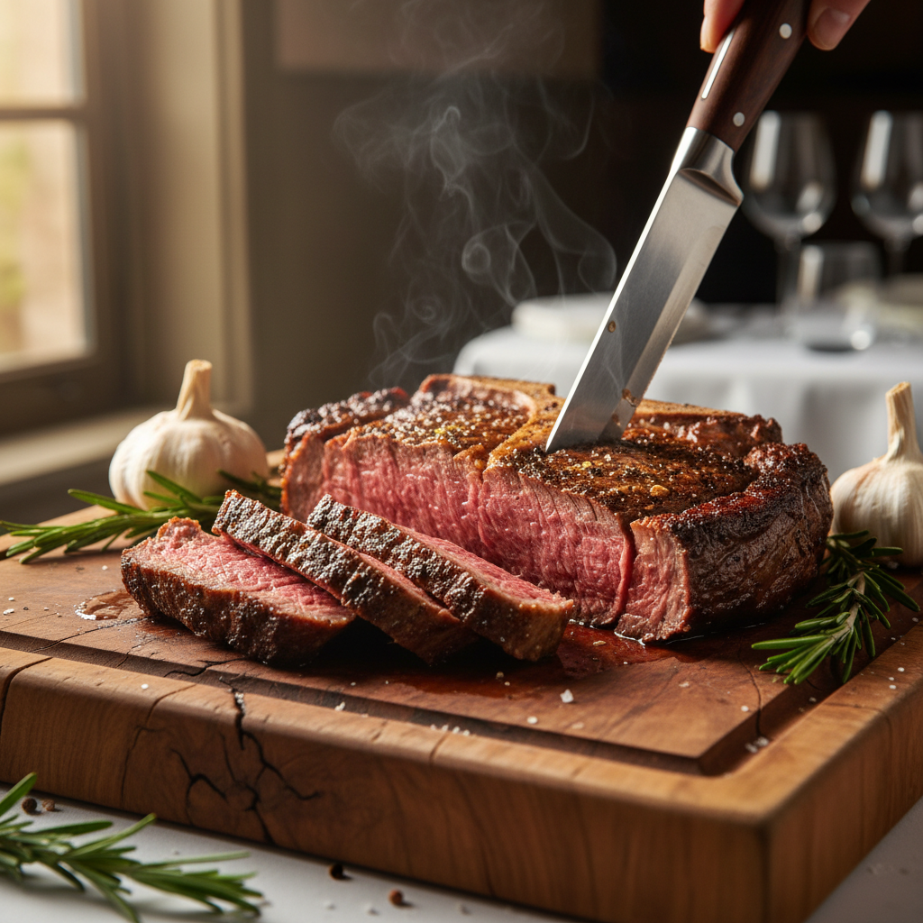 Porterhouse steak carved tableside on a reclaimed mesquite board with rosemary and garlic