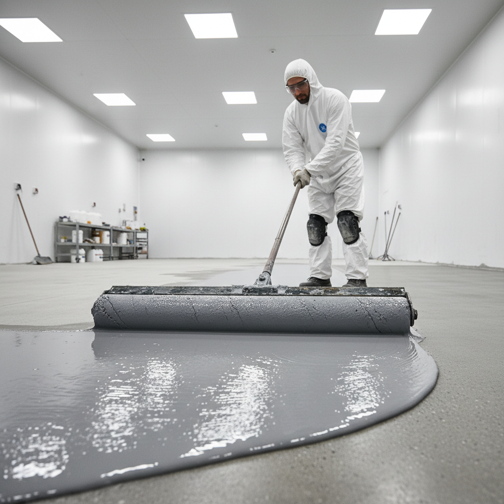 Professional applying epoxy coating with specialized roller equipment