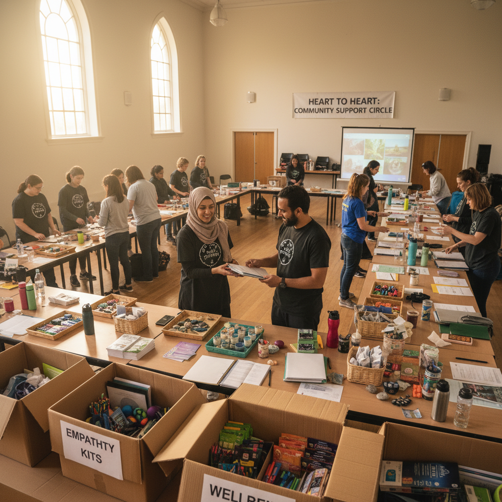 Volunteers organizing supplies for a support circle night