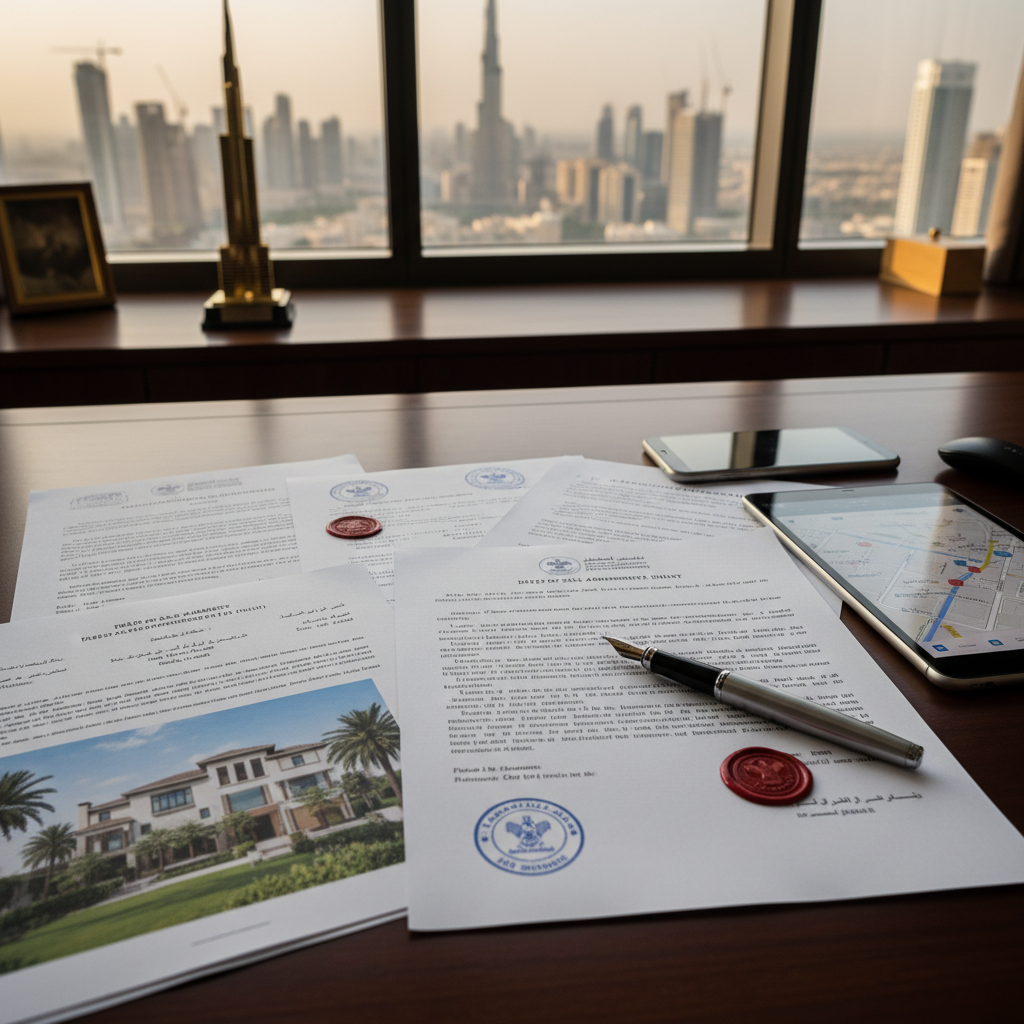 Professional legal services for Dubai real estate with law books and Dubai skyline